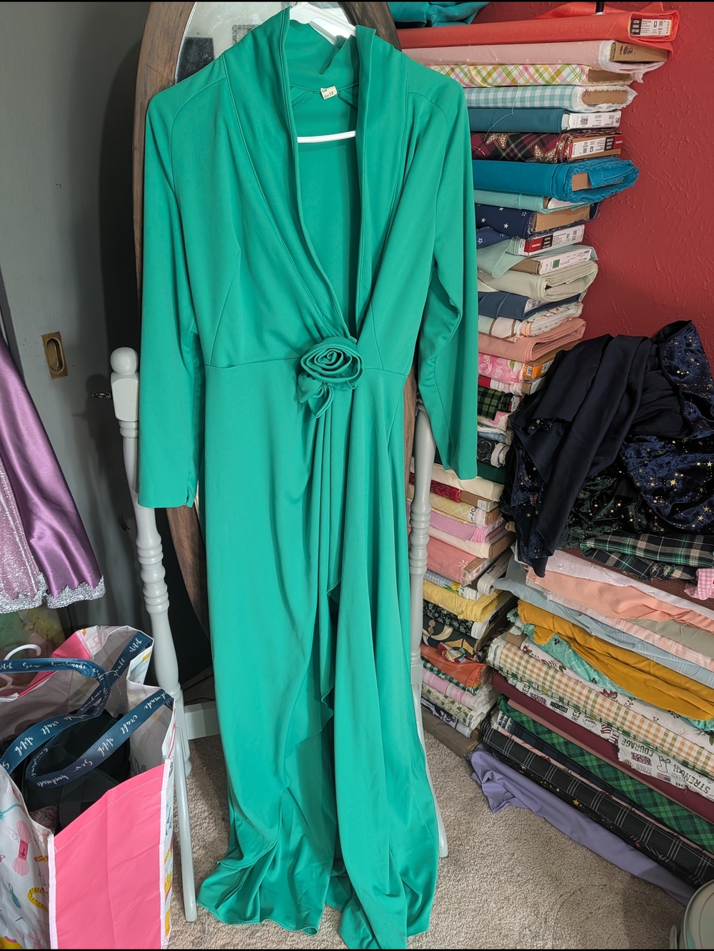 Vintage 60s Emerald Green Long Sleeve Maxi Dress with Rosette Detail